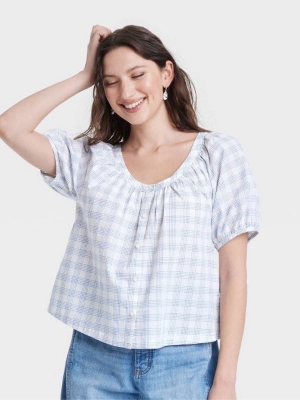 Universal Thread Light Blue Plaid Scoop Neck Puff Sleeve Top